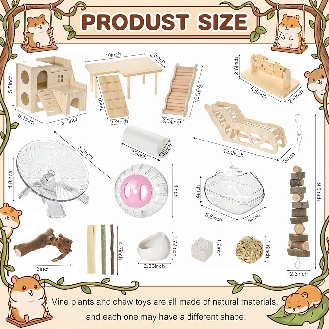 Leitee 30 Pcs Hamster Cage Accessories, Chew Toys for Guinea Pig, Chinchillas, Gerbils, Mice, Rats, Rabbit, Silent Wheel with 15 Chew Toys Set, Maze Wood House, Mouse Tunnel Tube and Sand Bath Box Set