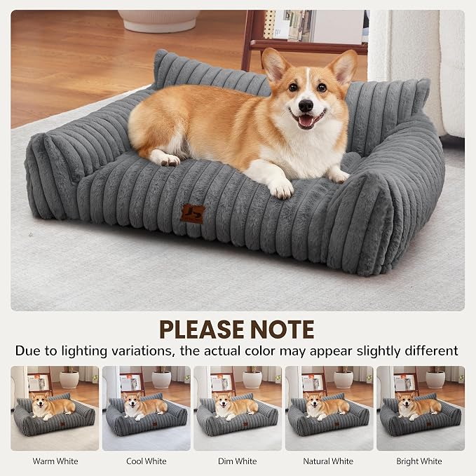Cute Dog Couch Bed with Removable Washable Cover for Small Dogs | Light Gray, 36", Cozy, Soft, Faux Rabbit Fur, Fuzzy, Indoor, Supportive, Machine Washable, Fully Disassembled