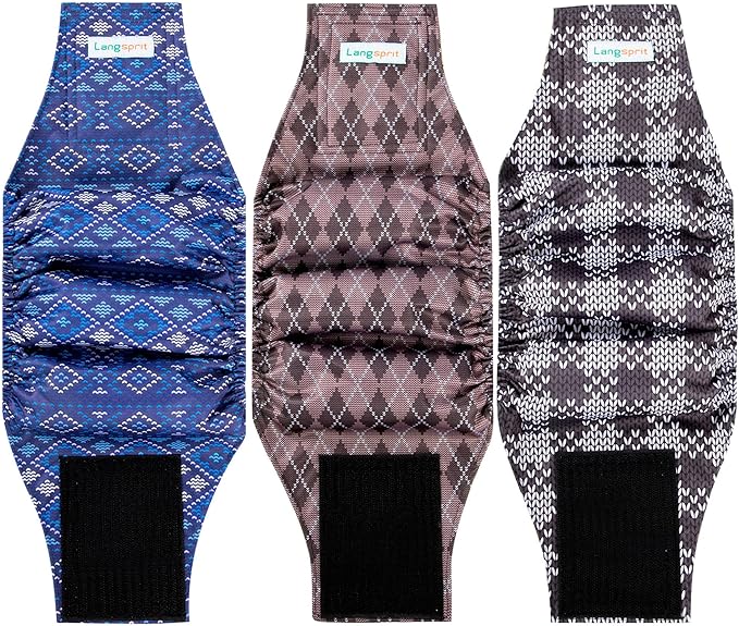 Langsprit Male Belly Bands for Dogs (Pack of 3) - High Absorbing Washable Dog Wraps - Reusable Small Doggy Puppy Diapers Plaid-1 M