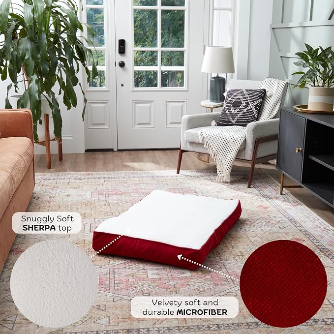 Happy Hounds Daisy Deluxe Supportive Sherpa Dog Bed, Small (36 x 24 in.), Red