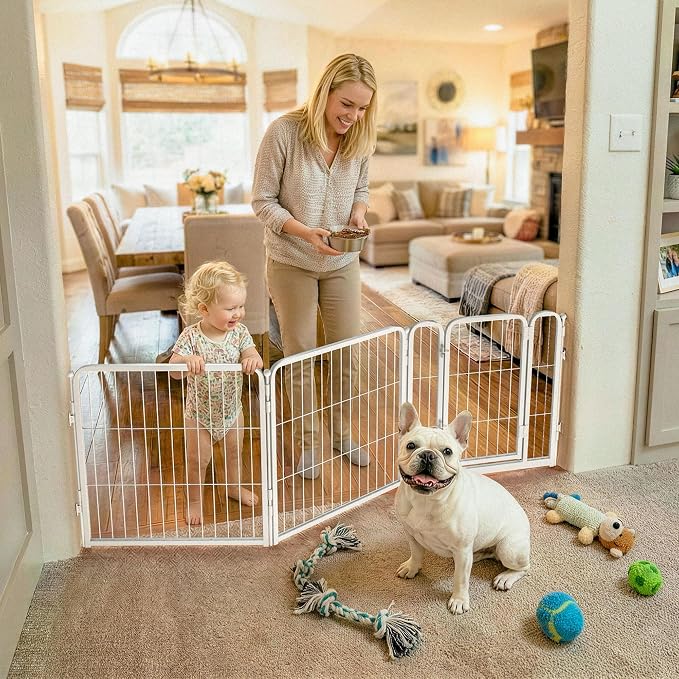 FXW Dog Gate Extra Wide Designed for Indoor Use, Adjustable Width Up to 69-inch Wide (24" H 3 Wire Panels for Puppies and Small Dogs), White