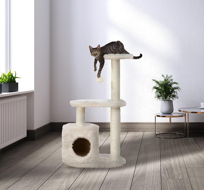 TRIXIE Casta Cat Tree with Condo | 2 Platforms | Dangling Cat Toy, Cream, 1 level