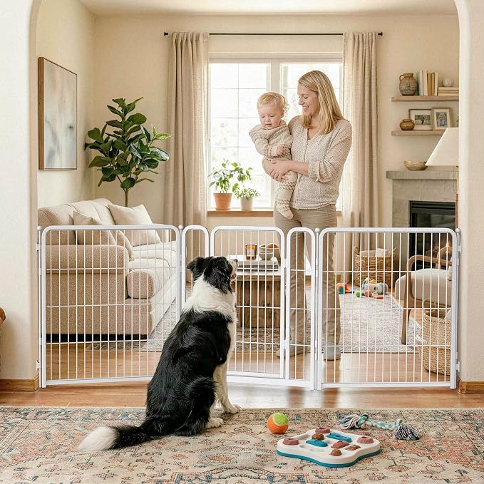 FXW Dog Gate Extra Wide Designed for Indoor Use, Adjustable Width Up to 83-inch Wide (32" H 3 Wire Panels for Small and Medium Dogs), White