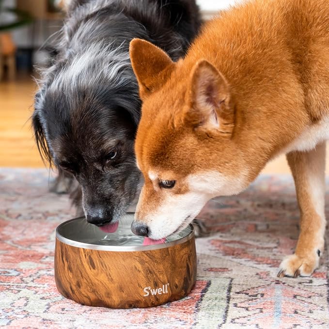 S'well Stainless Steel Pet Bowl, 32oz, Teakwood, for Small to Medium Size Dogs, Mess Free Design with Non Slip Rubber Bottom, Dishwasher Safe, BPA Free