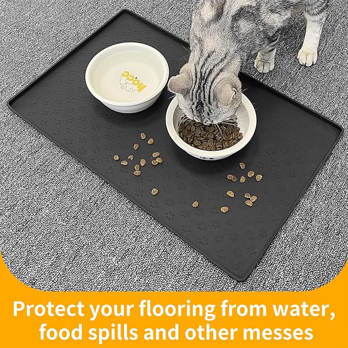 Ptlom Silicone Pet Placemat for Dog and Cat, Waterproof Anti-Slip Pet Feeding Bowl Mats for Food and Water, Small Medium Large Tray Mat Prevent Residues from Spilling to Floor, Black, 31.5" 23.6"