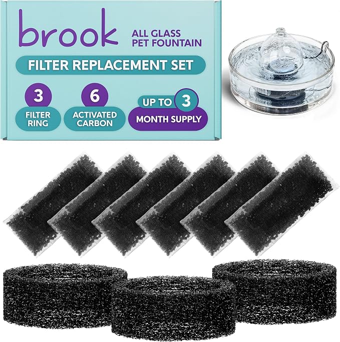 BROOK Glass Pet Fountain Filter Replacement Set – 3 Filter Rings & 6 Activated Carbon Pouches – 3 Month Supply Replacement Filters Set for BROOK Cat Fountain
