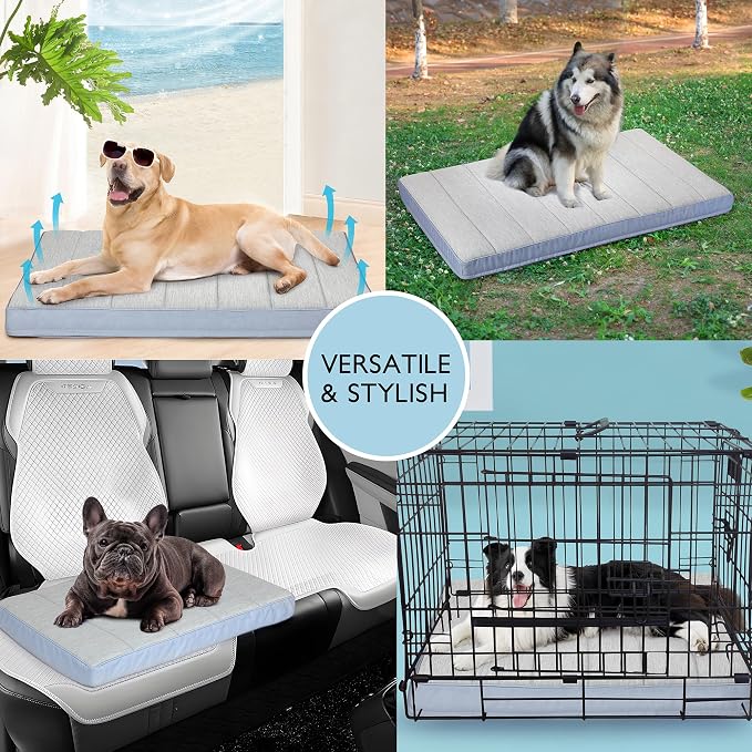 Cooling Dog Bed for X Large Dogs - Orthopedic Pet Beds with Memory Foam, QMAX>0.5, Waterproof Removable Washable Cover for Hot Weather, Gery, 41" L x 27" W x 3" H