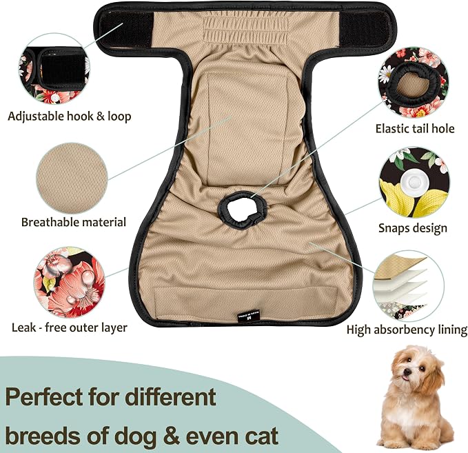 Dog Diapers Female - Reusable Diapers for Doggie in Heat - Highly Absorbent Female Dog Diapers for Pet Incontinence(Pack of 5), Flowers,XL