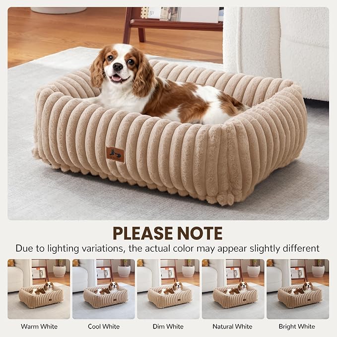 Washable Dog Bed Small Medium Size Dog, Rectangle Orthopedic Pet Bed for Car and Indoor,Fluffy Memory Foam Dog Beds with Anti-Slip Bottom,Camel(25x21x7inchs)