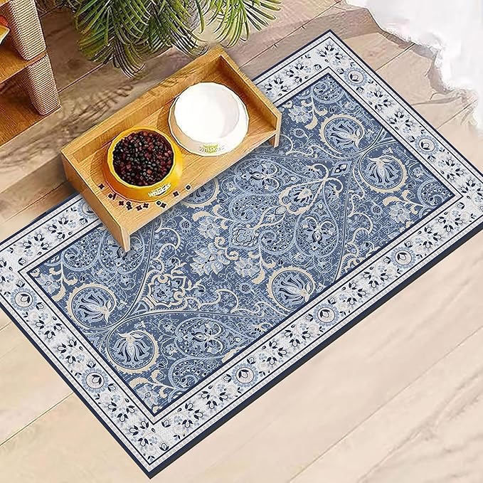 Blue Floral Pet Feeding Mat, Absorbent Dog/Cat Food Mat for Food and Water Bowl, Non-Slip Quick Dry Pet Placemat Floor Protector for Messy Drinkers(17 x 30 in)