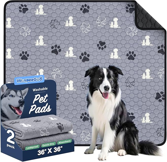 WanpeeGoo Washable Pee Pads, Puppy Pee Pad for Dogs, 2 Pack Absorbent Reusable Training Dog Pads Pet Puppy Pads, Non-Slip Potty Pads for Whelping, Playpen, Crate, Bed, Grey 36"x36"