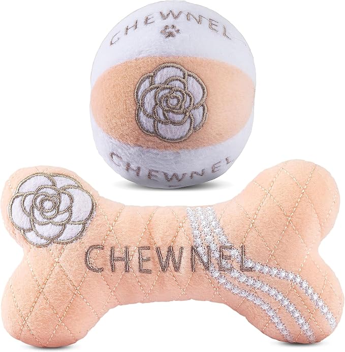 Dog Diggin Designs Chewnel Collection – Set of 2 Unique, Squeaky, Parody Plush Toys That Includes a Chewnel Bone and a Chewnel Ball