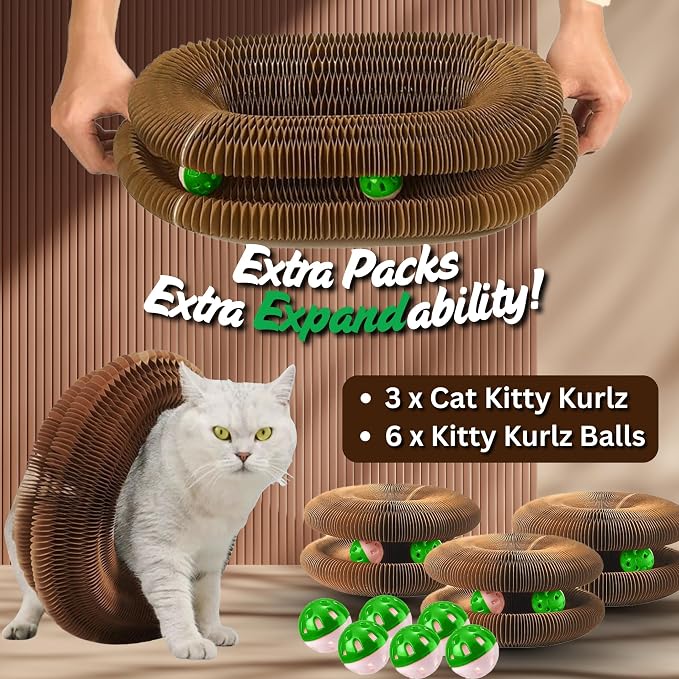 Kitty Kurlz Cat Scratcher Toy - Reversible Magic Organ Foldable Accordion Honeycomb Cardboard Scratching Board with Bell Ball, Interactive Anxiety Relief Exercise Toy for Indoor Cats (3PCS)
