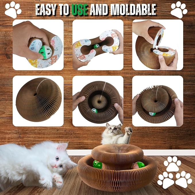 Kitty Kurlz Cat Scratcher Toy - Reversible Magic Organ Foldable Accordion Honeycomb Cardboard Scratching Board with Bell Ball, Interactive Anxiety Relief Exercise Toy for Indoor Cats (3PCS)