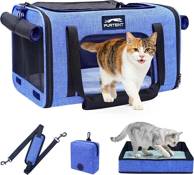 17x11x9.5 Pet Carrier Airline Approved, Cat Carrier with Litter Box, Soft Sided Cat Dog Carrier Up to 15 lbs, Breathable Travel Pet Carrier with Calming Curtain, Storage Bag & Poop Dispenser, Blue