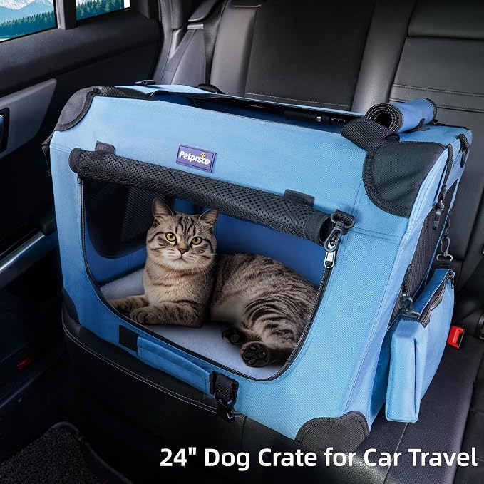 Petprsco Portable Collapsible Dog Crate, Travel Dog Crate 24x17x17 with Soft Warm Blanket and Foldable Bowl for Large Cats & Small Dogs Indoor and Outdoor