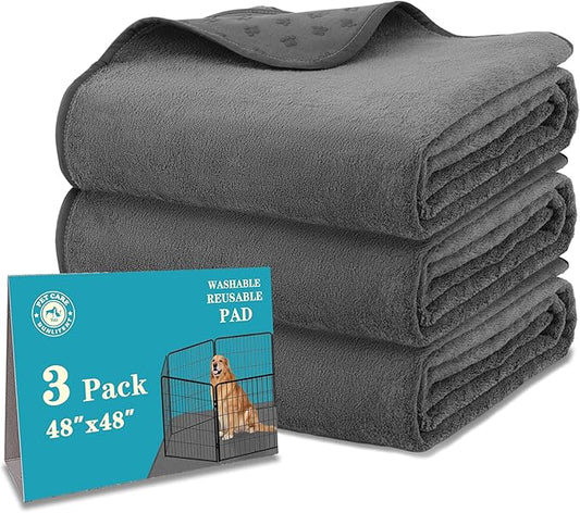 Bunlitent 3 Packs Washable Pee Pads for Dogs, 48'' x 48" Reusable Puppy Pads with Super Absorbent, Fast Absorbent Pet Whelping Pads, Puppy Playpen Mat for Incontinence, Housebreak, Crate, Grey