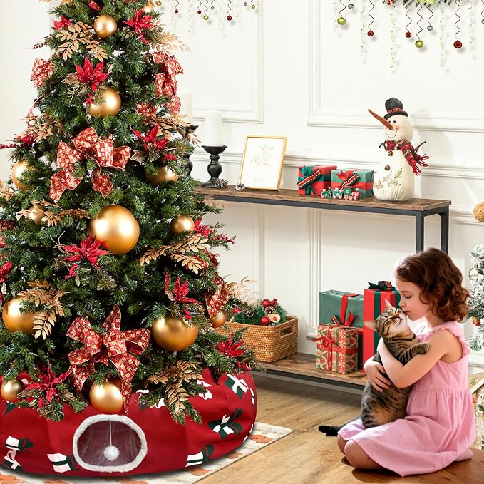 Cat Tunnel Bed Under Christmas Tree 3FT x 3FT x 9.8IN - Decorative Christmas Style with Box Patterns - Red Color Perfect for Festive Felines Small Animals