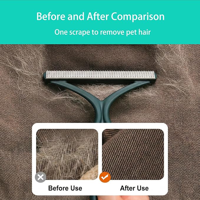 Carpet Rake for Pet Hair Removal, Adjustable Rubber Broom with Squeegee, 4-Piece Pet Hair Remover Kit with Gloves & Scraper for Dog & Cat Hair, Rugs, Couch, Car Seats