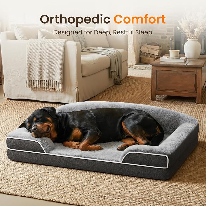 Orthopedic Jumbo Dog Bed for Giant Dogs, 48 x 35 Inch Waterproof Memory Foam XXL Dog Sofa Bed with Sides, Non-Slip & Washable Removable Cover, Dark Grey