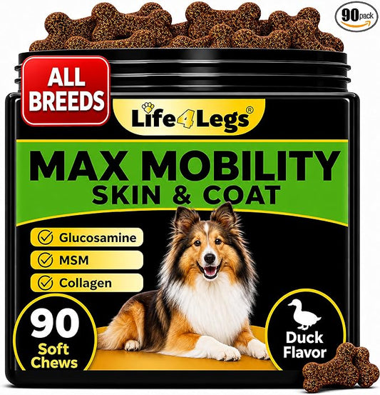 Hip and Joint Chews for Dogs + Skin and Coat Supplement - Dog Joint Pain Relief Treats - Glucosamine, Chondroitin, MSM, Hemp Oil, Turmeric, Omega 3 for Dogs, Mobility Dog Health Supplies
