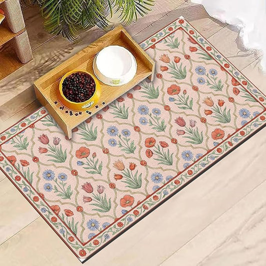 Vintage Floral Pet Feeding Mat, Absorbent Dog & Cat Food Mat for Bowl, Non-Slip Quick Dry Pet Placemat Floor Protector for Messy Drinkers(17 x 30 in)