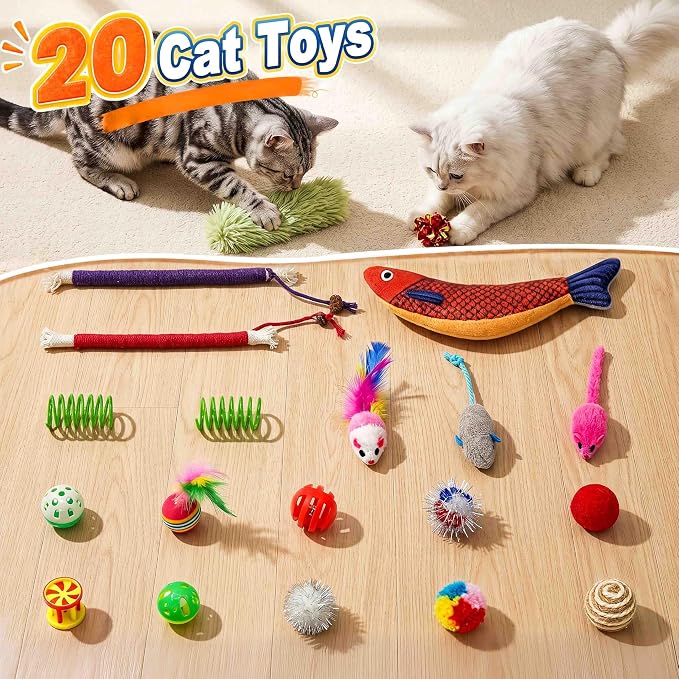 Interactive Cat Toys with 20 PCS Cat Toys, Automatic Cat Toy Touch Activated with 2 Feather Wand, Bird Chirping for Bored Indoor Kittens