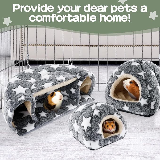 MABOZOO 3 Pack Guinea Pig House Accessories, 2 Cozy Guinea Pig Bed and Hideout Tunnel, Chinchillas Hideout for Hamster, Rabbit, Bunny, Chinchillas (Gray)
