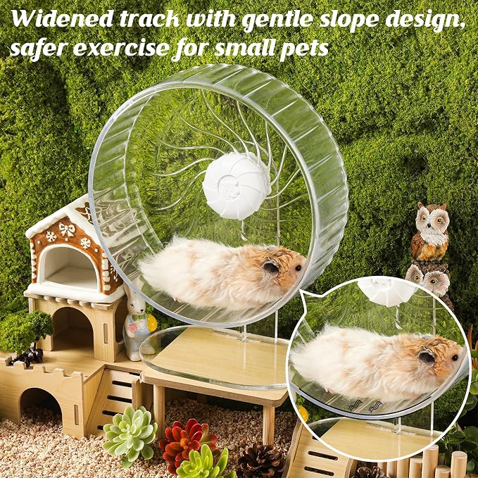 Silent Exercise Wheel with Adjustable Stand for Hamsters, Gerbils, Mice & Small Pets + Free Cleaning Cloth - 10.2" Diameter Running Wheel, Easy Clean, Anti-Slip Track (Transparent)