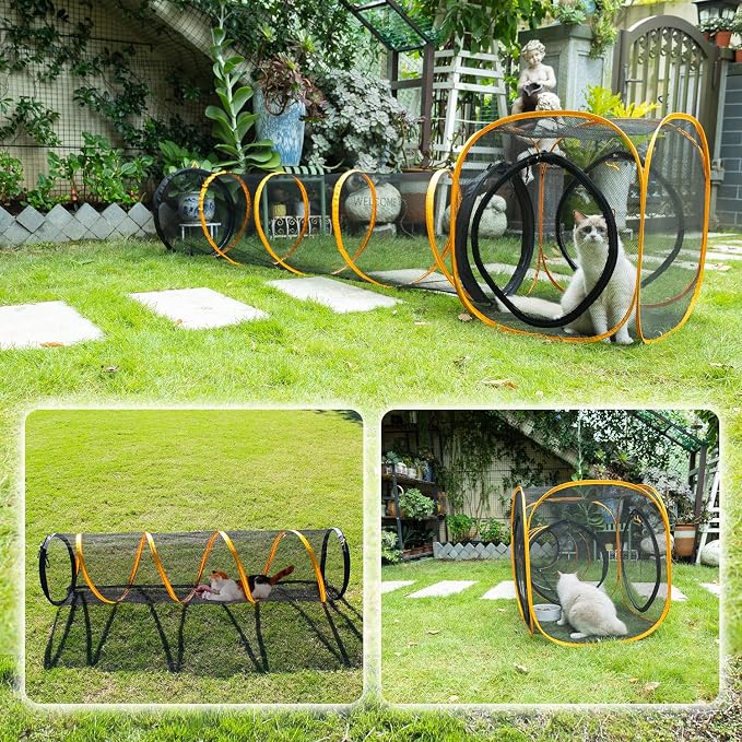 Cat Play Tunnel + Cube(with Three Ways) for Indoor and Outdoor, Cat Playpen, Play Enclosures, Collapsible Cube, Tunnel, Easy to Connect with Tent