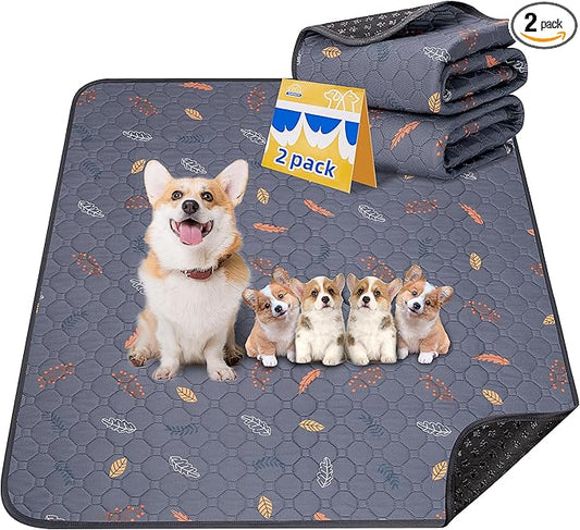 Sunheir Washable Pee Pads for Dogs 2-Pack Reusable Puppy Pads Pet Training Pads, Waterproof Dog Pee Pads for Crate, Whelping Pad, Non-Slip Protects Against Urine Leakage (Leaves - Deep Grey, 24x36)