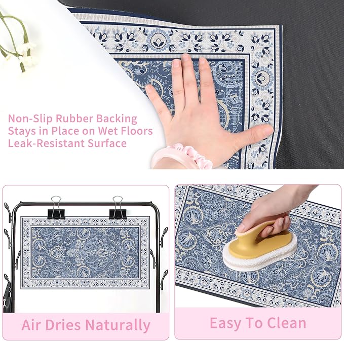 Blue Floral Pet Feeding Mat, Absorbent Dog/Cat Food Mat for Food and Water Bowl, Non-Slip Quick Dry Pet Placemat Floor Protector for Messy Drinkers(17 x 30 in)