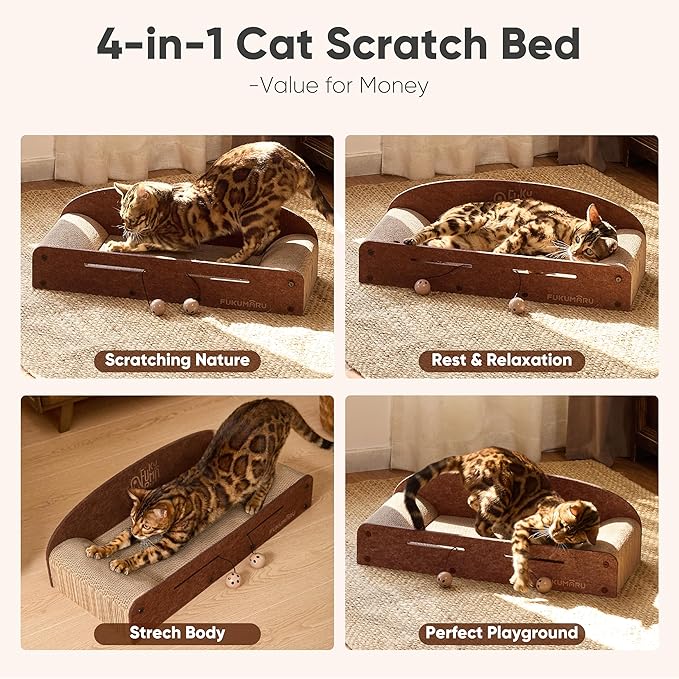 FUKUMARU 26 Inch Cat Scratcher Bed, 2 Reversible Cardboard Cat Scratch Pads Refill for Indoor Cats, Durable Large Cats Scratching Bed Sofa Couch Lounger with Fun Toys, Furniture Protector, Caramel