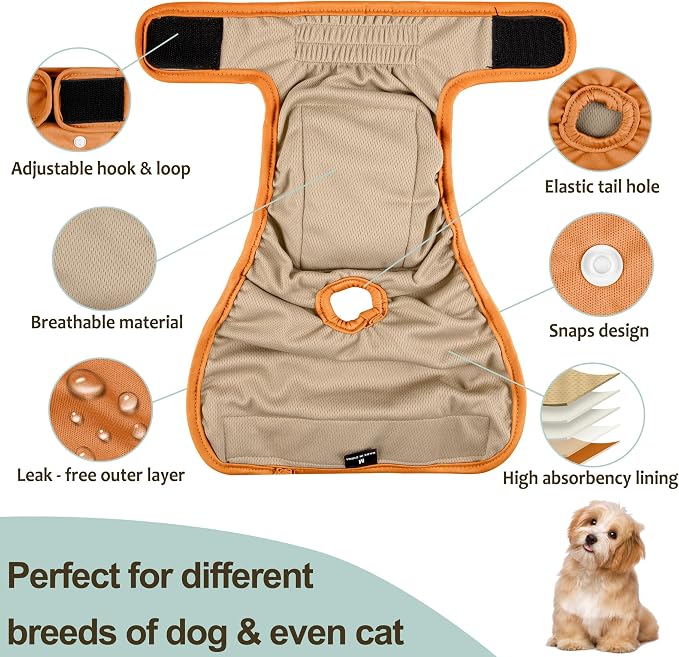 Female Dog Diapers - Premium Reusable Diapers for Doggie in Heat - Highly Absorbent Dog Diapers Female for Pet Incontinence with Adjustable Snaps Brown Black, L