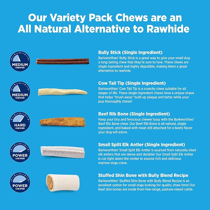 Barkworthies Small Canine Variety Pack - 5 Count (Pack of 1) - Protein-Rich, All-Natural, Easily Digestible, Rawhide Alternative, Promotes Dental Health