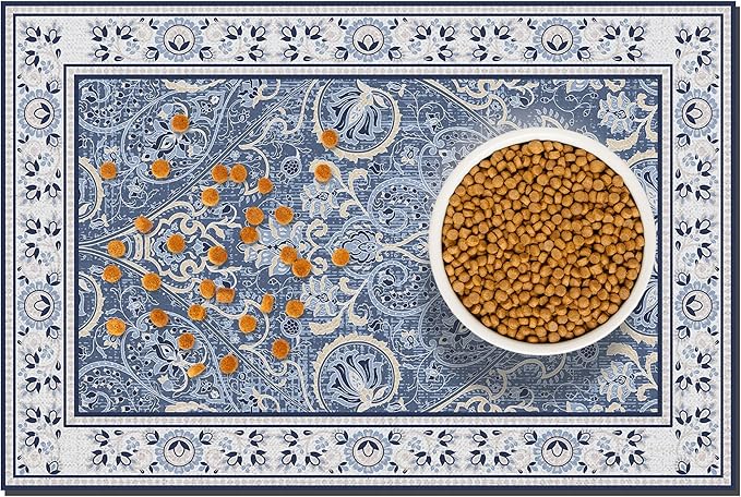 Blue Floral Pet Feeding Mat, Absorbent Dog/Cat Food Mat for Food and Water Bowl, Non-Slip Quick Dry Pet Placemat Floor Protector for Messy Drinkers(16 x 24 in)