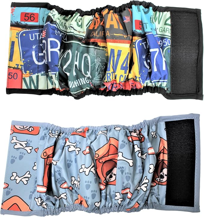 FDC Leak Proof Waterproof Diapers Dog Belly Band Male Wrap Washable Reusable Absorbent Pad Lined for Small Medium Large Pets Black (L: Waist 14" - 18", Pack of 2 Gray & Retro)