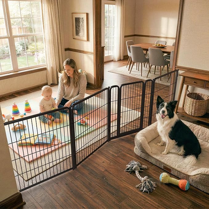 FXW Dog Gate Extra Wide Designed for Indoor Use, Adjustable Width Up to 111-inch Wide (32" H 4 Wire Panels for Small and Medium Dogs), Black