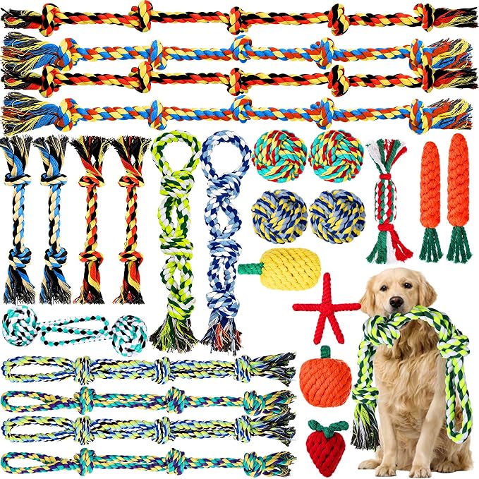 27 Pack Dog Rope Toys for Aggressive Chewers, Heavy Duty Teething Chew and Tug Toy Set for Medium and Large Dogs, Puppy Toys with Fun Fruit & Cartoon Shapes