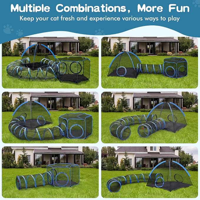 Outdoor Cat Enclosure, 4-in-1 Cat Tent Outdoor Pet Playpen with Tunnel, Portable Catio Play Pen for Outside and Indoor Cat Enclosure with Storage Bag for Kitty and Small Animals