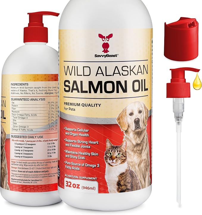 SavvyBeast Wild Alaskan Salmon Oil for Dogs, Cats & Ferrets - Pet Supplement Omega-3 Oil with EPA & DHA - Wild Caught Fish Oil Supports Skin, Coat, Joints, Heart, Brain, Itch Relief & Immune - 32 oz