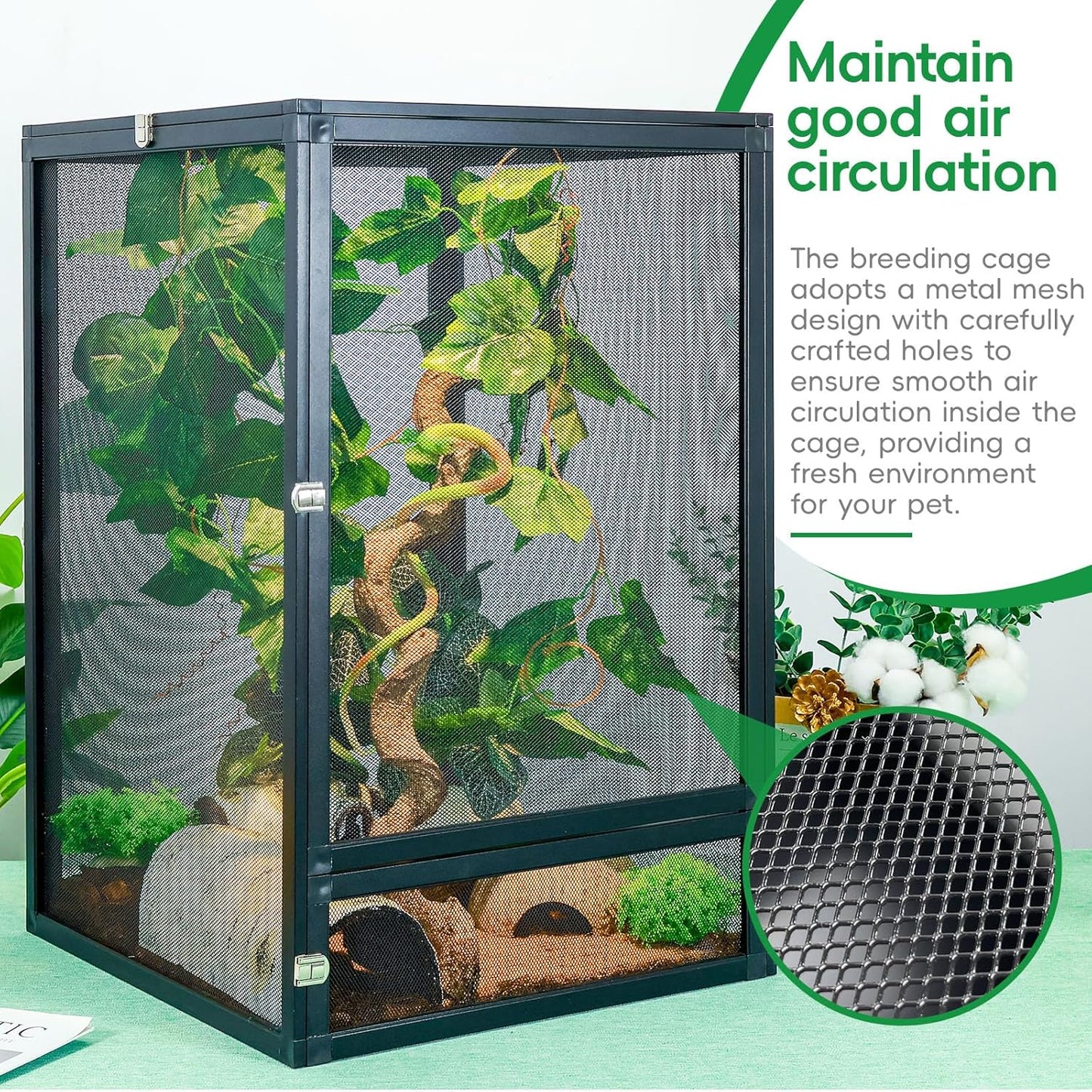 33 Gal Detachable and Foldable Reptile Butterfly Cage Terrarium, 360° Observation, Airflow, Interaction in Gecko Tank for Crested Geckos, Leopard Geckos, Chameleons, Bearded Dragons