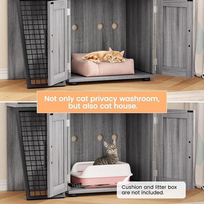 Cat Litter Box Enclosure Furniture with Double Layer Design, Hidden Litter Box & Lounge Villa for Indoor Cats - Includes Ladder, Platform, and Washroom Space for Living Room, Wax Wood
