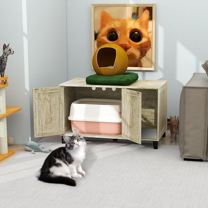 TaoHFE Hidden Cat Litter Box Enclosure Furniture with Cats Scratch Pad Farmhouse Enclosed Cat Litter Boxes Cabinet Furniture with Doors Wooden Indoor Cats Box House,Oak