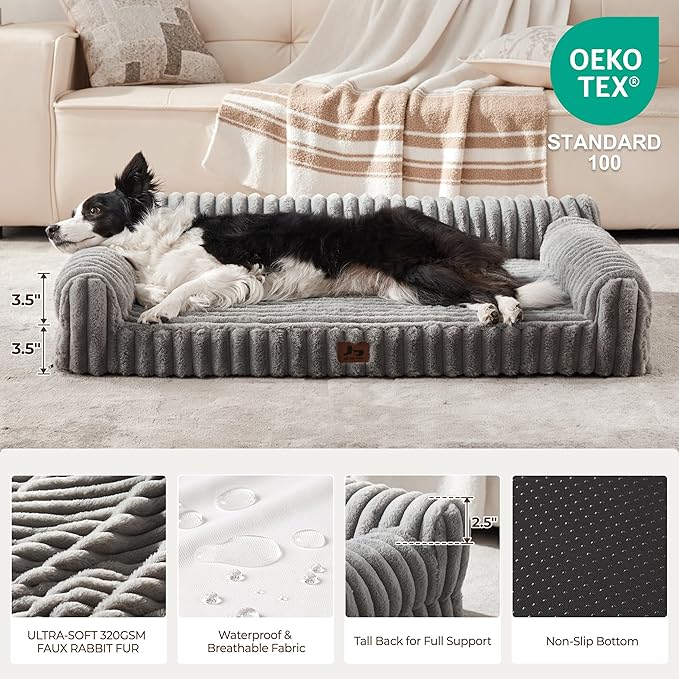 Orthopedic Dog Bed Large Pet Beds with Removable Washable Cover, Couch-Like Sofa Design for S to XXL Dogs Up to 50 lbs, with Soft Short Plush Surface & Foam, 35x25x9.5 Inch, Grey