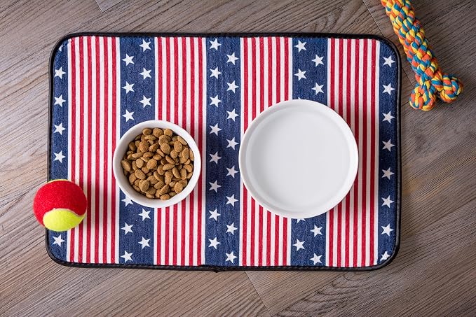 Bone Dry Ceramic Food & Water Bowls for Pets Non-Slip for Secure, Less Messy Feeding, Microwave & Dishwasher Safe, Large Set, 7.5x2.4", Stars and Stripes, 2 Count