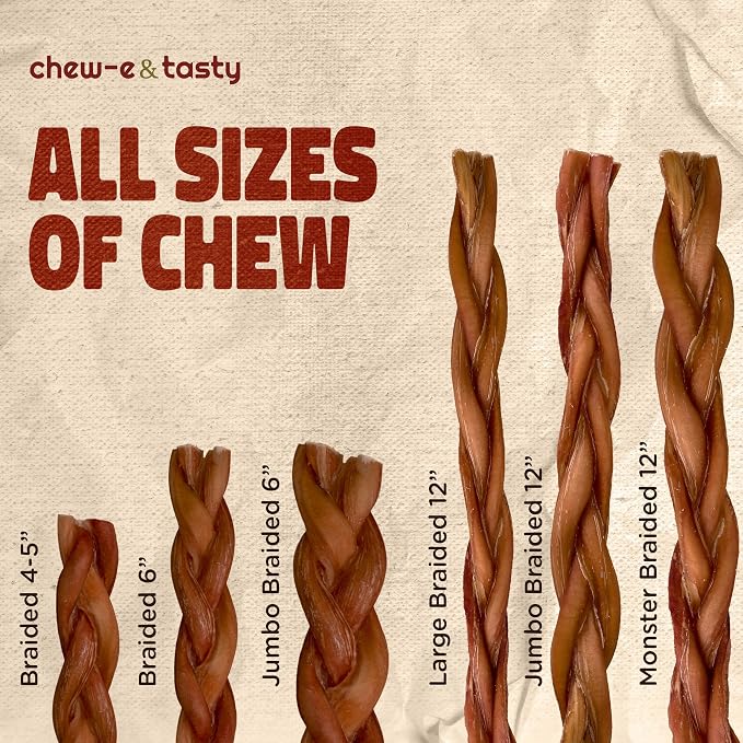 chew-e&tasty 12" Monster Braided Bully Sticks (Pack of 2) Odor Free Long Lasting Beef Chews- Made & Packaged at Food-Grade Facility High Protein Dental Treats for Very Aggressive Chewers
