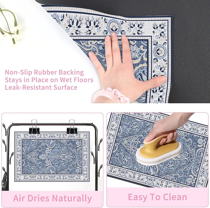 Blue Floral Pet Feeding Mat, Absorbent Dog/Cat Food Mat for Food and Water Bowl, Non-Slip Quick Dry Pet Placemat Floor Protector for Messy Drinkers(16 x 24 in)