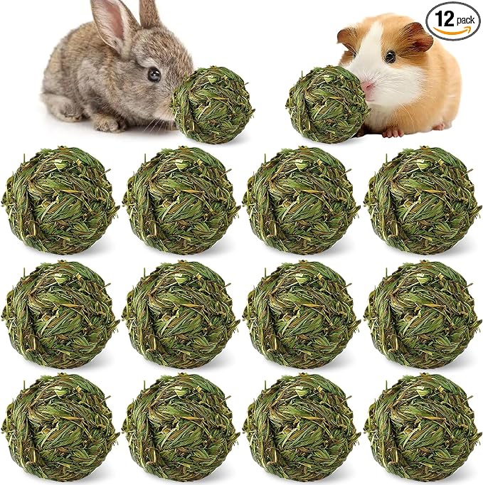 Hamiledyi 12 Pcs Rabbit Chew Ball Timothy Grass Ball Small Animal Activity Play Chew Toys Teeth Grinding for Bunny Rabbits Hamster Guinea Pigs Gerbils Chinchillas