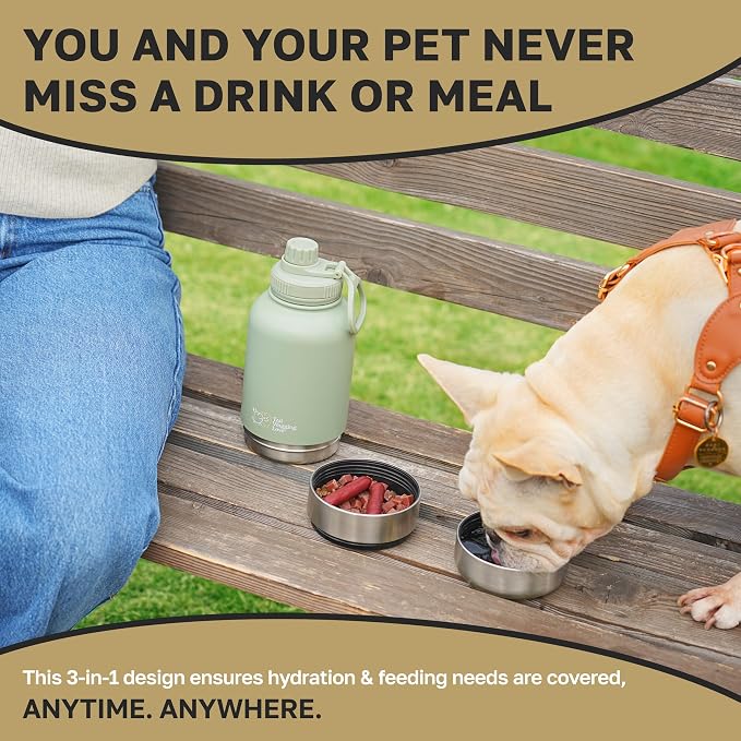 32oz 3-in-1 Portable Travel Water Bottle, Food & Hydration Bottle - Dual Use for Humans & Pets with Detachable Bowls, Stainless Steel, Keeps Water Hot for 6hrs & Cold for 12hrs